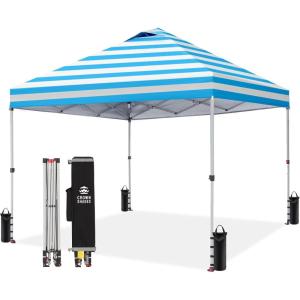 imageCROWN SHADES 10x10 Pop Up Canopy  Beach Tent with One Push Setup  Easy Outdoor Sun Shade Shelter for Events Parties  Gazebo with STONGo Cover Bag Silver Coated TopLight GraySky Blue Stripes