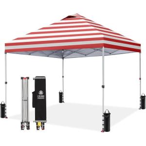 imageCROWN SHADES 10x10 Pop Up Canopy  Beach Tent with One Push Setup  Easy Outdoor Sun Shade Shelter for Events Parties  Gazebo with STONGo Cover Bag Silver Coated TopLight GrayRed Stripes