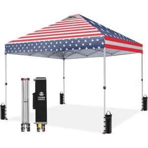 imageCROWN SHADES 10x10 Pop Up Canopy  Beach Tent with One Push Setup  Easy Outdoor Sun Shade Shelter for Events Parties  Gazebo with STONGo Cover Bag Silver Coated TopLight GrayAmerican Flag