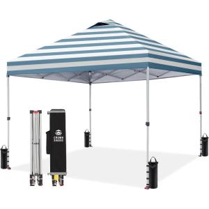 imageCROWN SHADES 10x10 Pop Up Canopy  Beach Tent with One Push Setup  Easy Outdoor Sun Shade Shelter for Events Parties  Gazebo with STONGo Cover Bag Silver Coated TopLight GrayCyan Blue Stripes