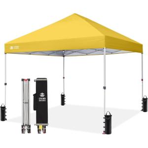 imageCROWN SHADES 10x10 Pop Up Canopy  Beach Tent with One Push Setup  Easy Outdoor Sun Shade Shelter for Events Parties  Gazebo with STONGo Cover Bag Silver Coated TopLight GrayYellow