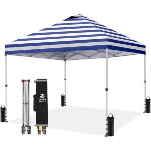 imageCROWN SHADES 10x10 Pop Up Canopy  Beach Tent with One Push Setup  Easy Outdoor Sun Shade Shelter for Events Parties  Gazebo with STONGo Cover Bag Silver Coated TopLight GrayNavy Blue Stripes